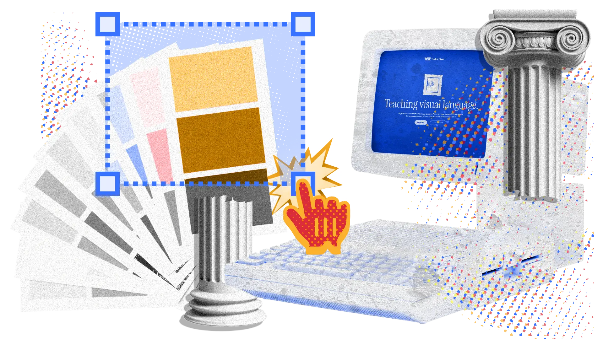 Computer with stylized graphical interface and roman columns edited in a Pop Art style