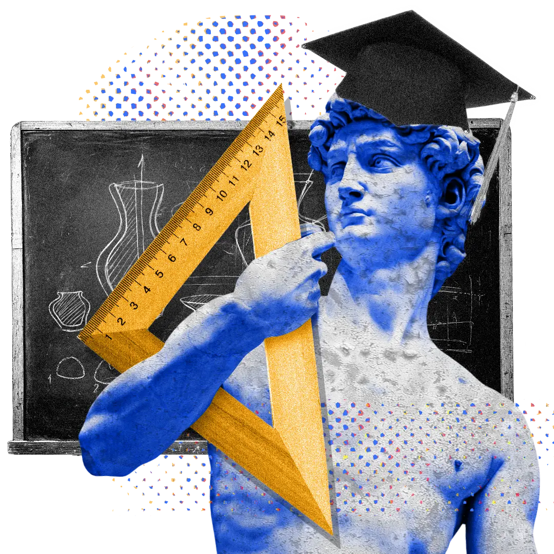 Statue of David with graduation cap edited in a Pop Art style