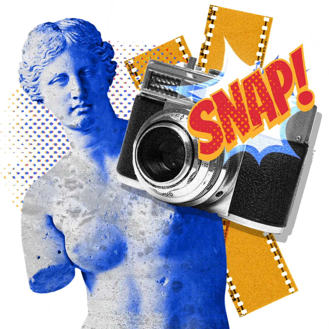 Venus with a film camera edited in a Pop Art style