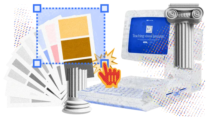 Computer with stylized graphical interface and roman columns edited in a Pop Art style
