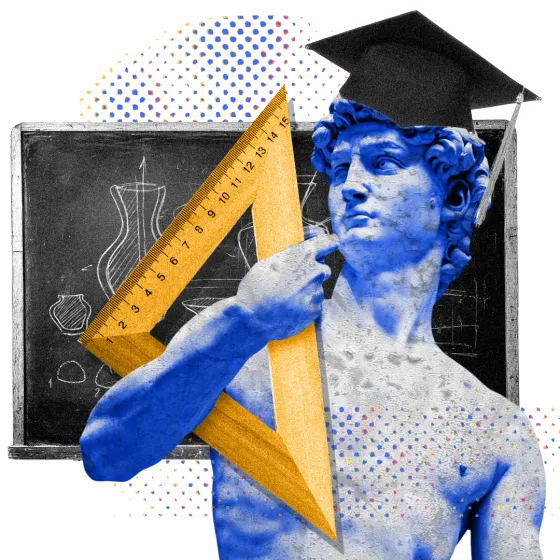Statue of David with graduation cap edited in a Pop Art style