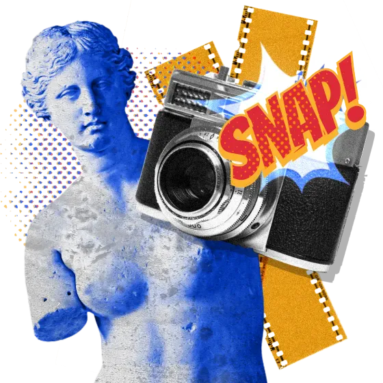 Venus with a film camera edited in a Pop Art style